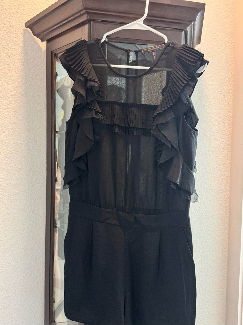 BCBGMaxAzria Black Ruffle Sheer-Panel Romper
